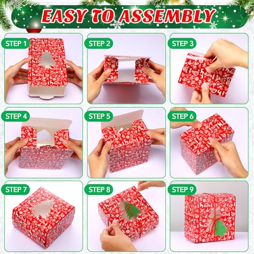 Blulu 48 Pack Christmas Bakery Boxes with PVC Window, Tree Tags & Rope - 5x5x3 Inch
