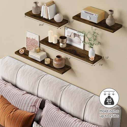 Forbena 36 Inch Rustic Brown Floating Shelves Set of 3 - Large Wall Storage