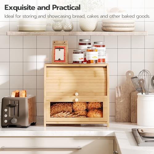 HOOBRO Bread Box, Bamboo Box for Kitchen Countertop, 2 Tier Roll-Top