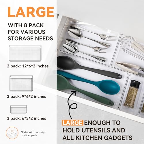 Criusia 8 Pack Large Clear Drawer Organizers for Kitchen & Bathroom Storage