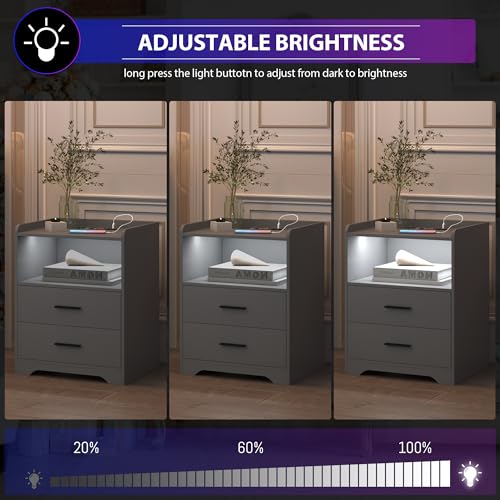 RGB Nightstand with Charging Station - Grey, 3 Layers, Smart Bedside Table