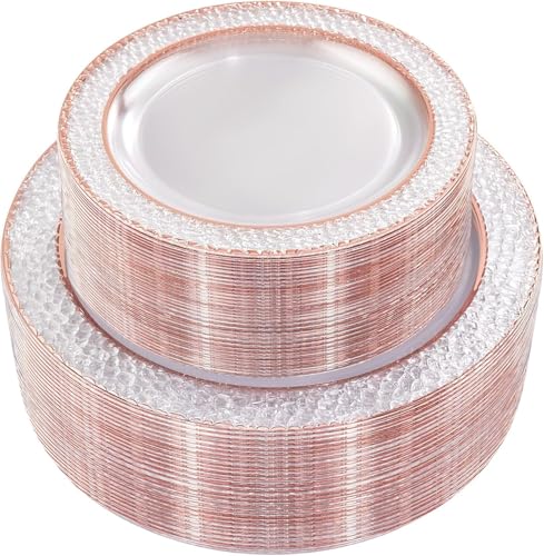 102PCS Rose Gold Plastic Plates Elegant Hammered for Weddings