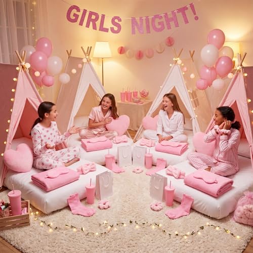 Pink Sleepover Party Supplies Set - 48 Pcs for Girls' Pajama Night, Solid Color