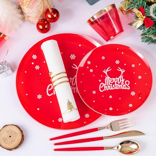 Nervure Red and White Christmas Plastic Plates 175PCS Disposable Dinnerware Set