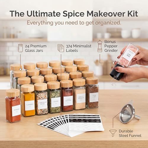 Square Glass Spice Jars with Bamboo Lids - 24 Pack, Labels, Shaker & Pepper Grinder Set