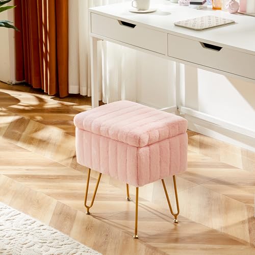 Pink Faux Fur Vanity Stool with Storage - 18.9 Inch Padded Makeup Chair with Adjustable Metal Legs