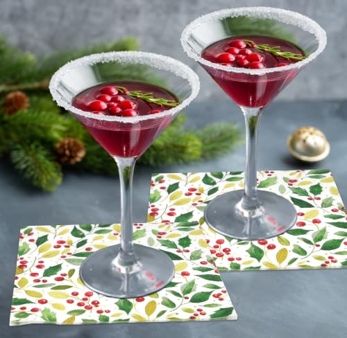 Christmas Holly Berry Cocktail Napkins - 50 Pack for Holiday Parties