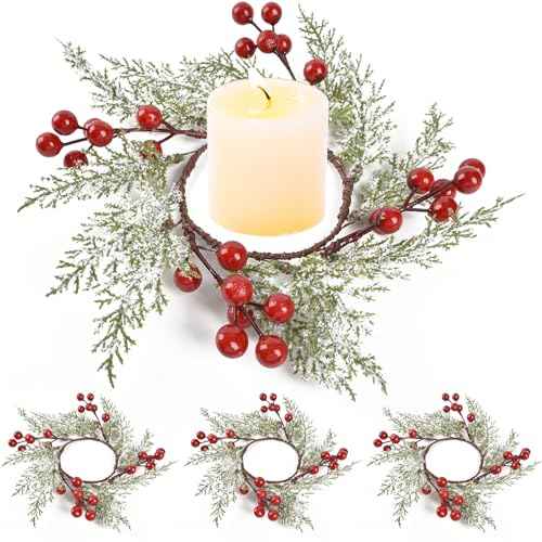 4PCS Christmas Candle Rings Wreaths, Christmas Candle Holder Pillar Candle Ring Artificial Berry Pine Branch Candlestick Garland for Table Decoration