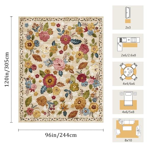 GERUIMO 8x10 Beige Boho Floral Area Rug Non-Slip for Living Room & Bedroom