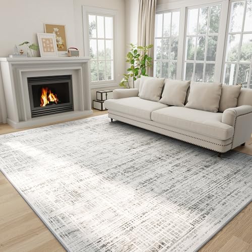White Gray 8x10 Washable Area Rug - Non-Slip Modern Living Room & Bedroom
