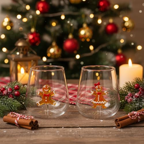 Reallnaive Christmas Gingerbread Man Stemless Wine Glass Set - 12oz, 2 Pack