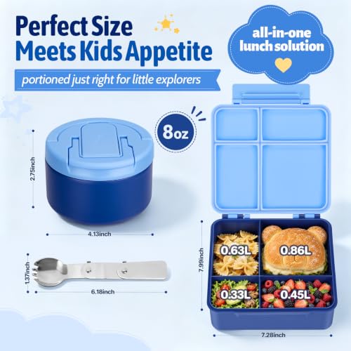MAXSO Blue Kids Bento Lunch Box Set with 8oz Soup Thermo & 4 Compartments