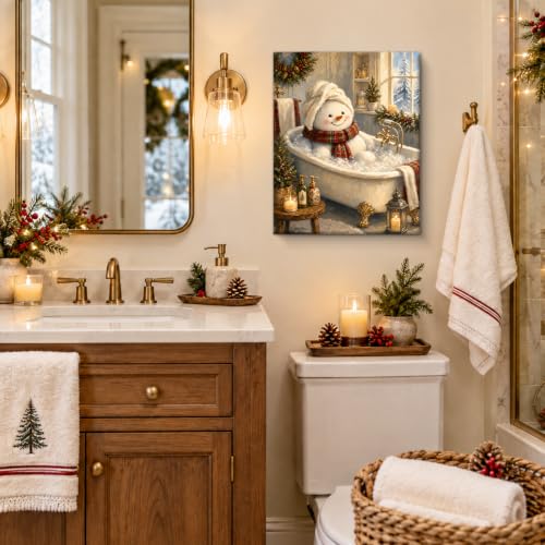 VRLSDTHF Christmas Bathroom Canvas Wall Art – Snowman Holiday Decor, 8x10 inches