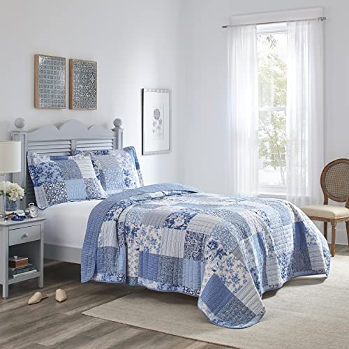 Laura Ashley Twin Quilt Set with Reversible Patchwork Paisley Design, Blue, 100% Cotton Bedding