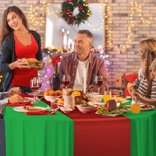 MASHAN 12 Pack Green Red Satin Table Runners & 84-Inch Plastic Christmas Tablecloths Set
