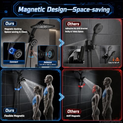 Matte Black 12-Inch Rain Shower Head with Handheld & Magnetic Mount - High Pressure, Dual Mode