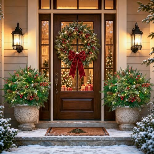 NatuBeau 24-Inch Pre-lit Outdoor Christmas Urn Filler, Green, 2 Pack