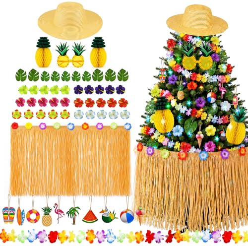 Hawaiian Christmas Tree Skirt & Party Decorations Set - 57 Pieces