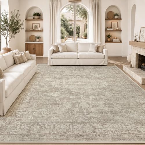Brown 8x10 Area Rug for Living Room - Washable Floral Non-Slip Carpet