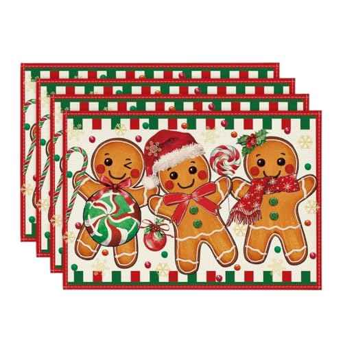 Artoid Mode Gingerbread Candy Cane Christmas Placemats Set of 4, 12x18 Inch Seasonal Table Mats for Party Kitchen Dining Decoration