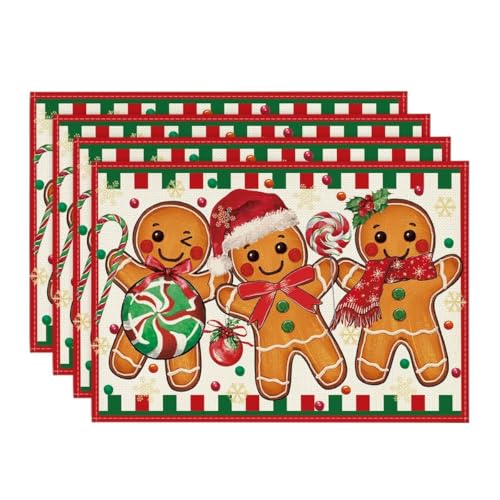 Artoid Mode Gingerbread Candy Cane Christmas Placemats Set of 4, 12x18 Inch Seasonal Table Decor