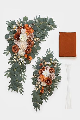 Olalaka Burnt Orange Wedding Arch Flowers Kit with 26ft Terracotta Draping Fabric - DIY Ceremony Backdrop