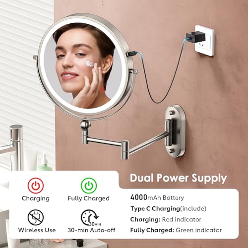 ZLOKLA 9-Inch Rechargeable Wall-Mounted Lighted Makeup Mirror 30X Magnification, Nickel Finish, 4000mAh Battery, Extendable Arm, Touch Dimmable Lights - Nickel