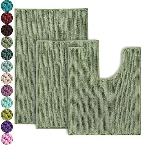 Urvoix Sage Green 3-Piece Bathroom Rug Set Non-Slip Chenille Bath Mat