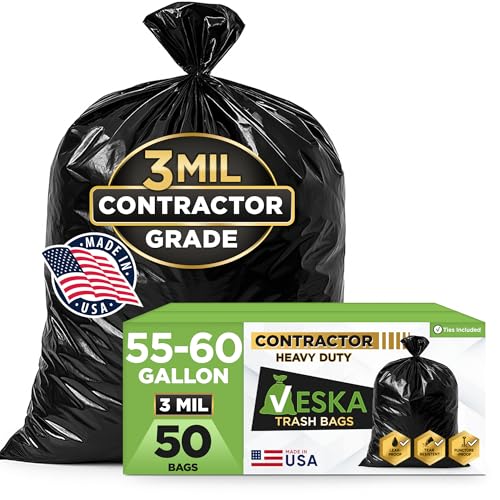 Veska 50 Pack Heavy Duty 55 Gallon Contractor Trash Bags 3 Mil Extra Large Industrial Waste Bags