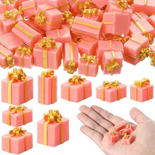 Bucherry 50 Pcs Christmas Miniature Resin Gift Boxes Pink and Gold Mini Christmas Ornaments Xmas Miniature Figurines Charms for Craft DIY Garden Accessories