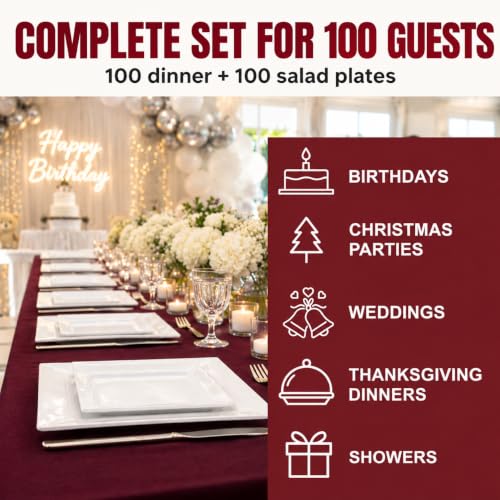 White Square Disposable Plastic Plates 200 Pack for Parties & Events
