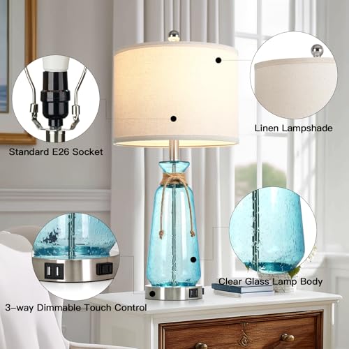 Coastal 26-Inch Dimmable Bedside Lamps Set of 2 with USB & AC Outlet - Teal