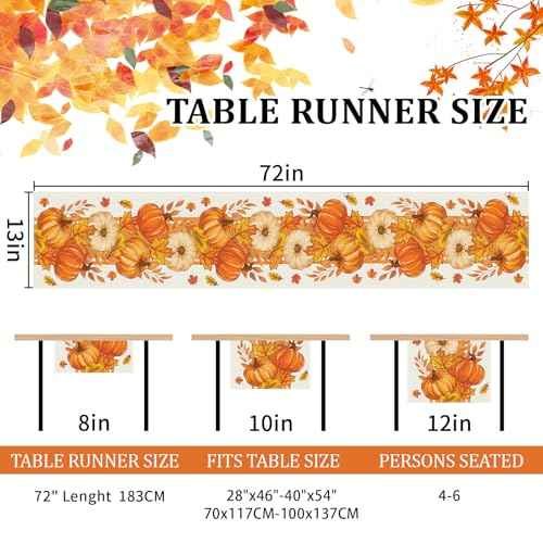Bloss Thanksgiving Table Runner 72Inches Long Orange Pumpkins Maple Leaves Fall Table Runner,Seasonal Thanksgiving Fall Decoration,Autumn Farmhouse Harvest Style Kitchen Dining Table Decor