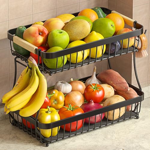 Black 2-Tier Fruit Basket with Banana Hangers, Detachable Metal Bowl