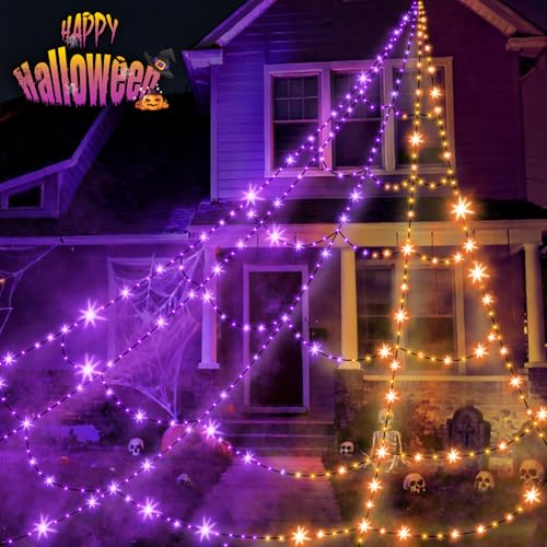 Halloween Spider Web Lights Outdoor 550 LEDs Purple & Orange with Remote & Timer - Waterproof Yard Decor