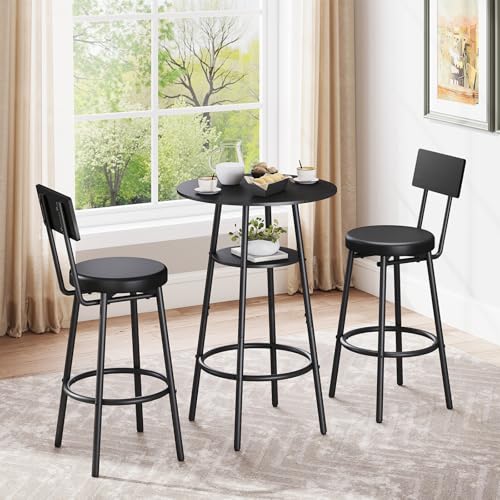 Kiivakii 3-Piece Round Bar Table Set with 2 Stools - Black, Storage Rack