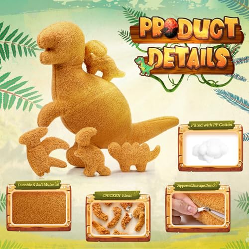 5 Pcs Plush Dinosaur Nugget Pillow Set, 16 Inch Large Stuffed Dinosaur with 4 Plush Babies in Zippered Belly Soft Dino Pillow Gifts for Birthday Collection Party Decors