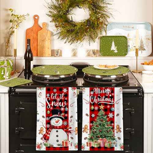 Christmas Kitchen Towels, Merry Christmas Tree Towels Set of 2, Farmhouse Snowman Let It Snow Dish Hand Towels with Red Black Buffalo Plaid, Winter Decorations for Home, 18x26 Inches