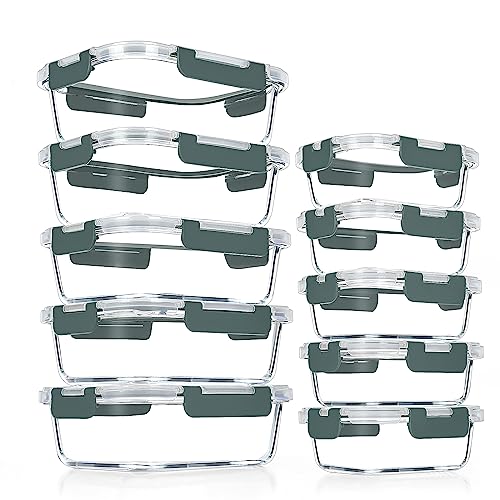 Grey Glass Meal Prep Containers Set with Airtight Locking Lids - 10 Pack