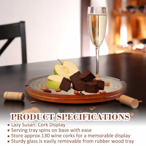 Wine Cork Holder Lazy Susan with Glass Cover – 130 Cork Capacity, Wooden