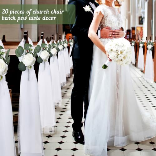 Wedding Aisle Decorations Set - White Flowers & Tulle for Ceremony