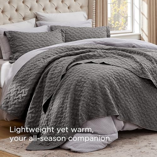 Oversized King Quilt Set with Basket Weave Pattern - Grey, 120x120 Inches - Lightweight Bedspread & Pillow Shams