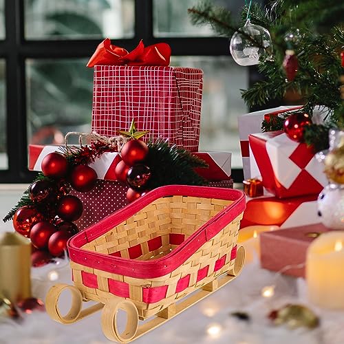 Christmas Sleigh Car Decoration with Woven Basket Santa Gift Holder
