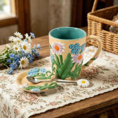 Beige 19 oz Floral Ceramic Mug with Lid & Spoon - Hand-Painted Coffee Cup
