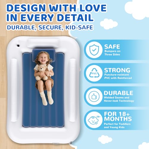 Inflatable Toddler Travel Bed - 60 Inch Portable Air Mattress with Safety Sides - Blue - Easy to Inflate with Pump & Carry Case