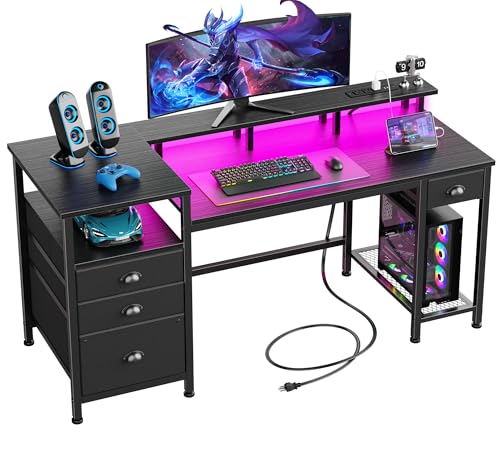 Furologee 60" Gaming Desk with 4 Drawers & LED Lights, Power Outlet,