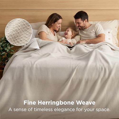 Oversized King Cotton Blanket with Herringbone Weave - Linen Beige, Bedsure