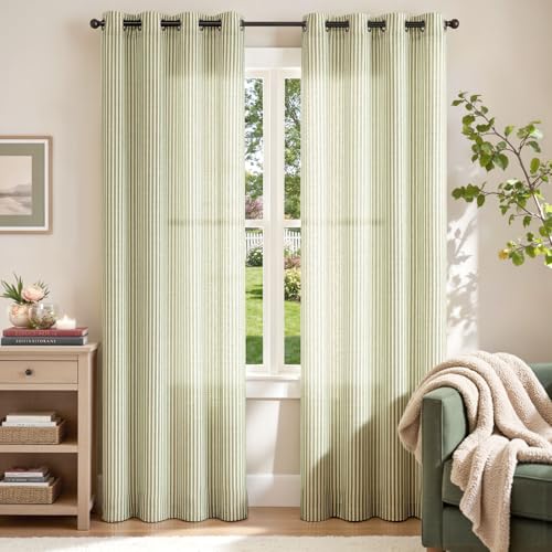 Jinchan Linen Curtains 50W x 84L Sage Green Stripe Grommet Panel Set - Farmhouse Style