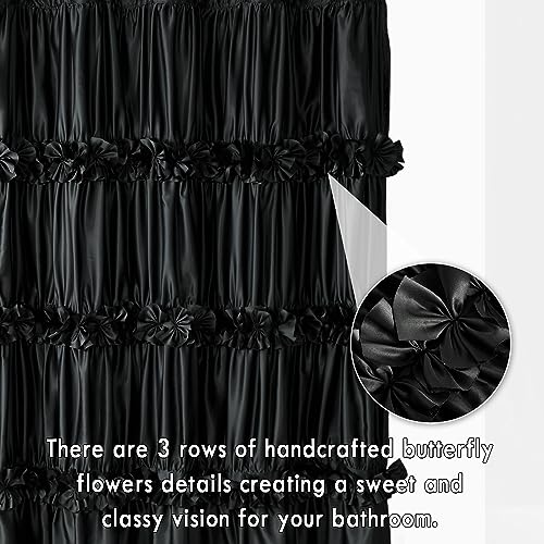 Homechoice Decor Black Handcrafted Bow Tie Shower Curtain 72x72 inches, Elegant Waterfall Ruffle Design