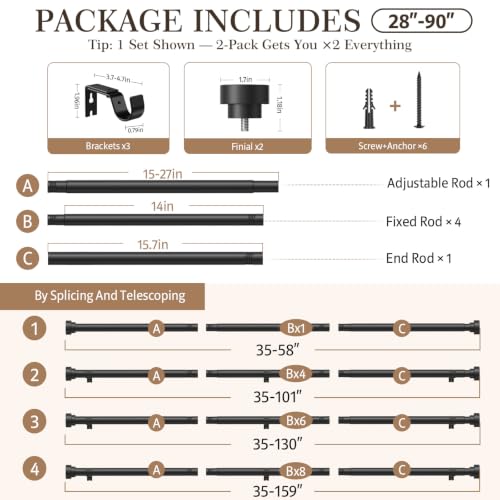 Black Heavy Duty Curtain Rods for Windows 28-90 Inch - 2 Pack, Adjustable & Support Up to 33 lbs, Modern Nordic Style
